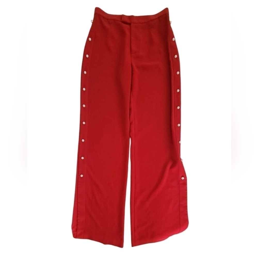 Chelsea & Theodore Red Pearl Embellished Wide Leg Pants Size Medium - Picture 3 of 12